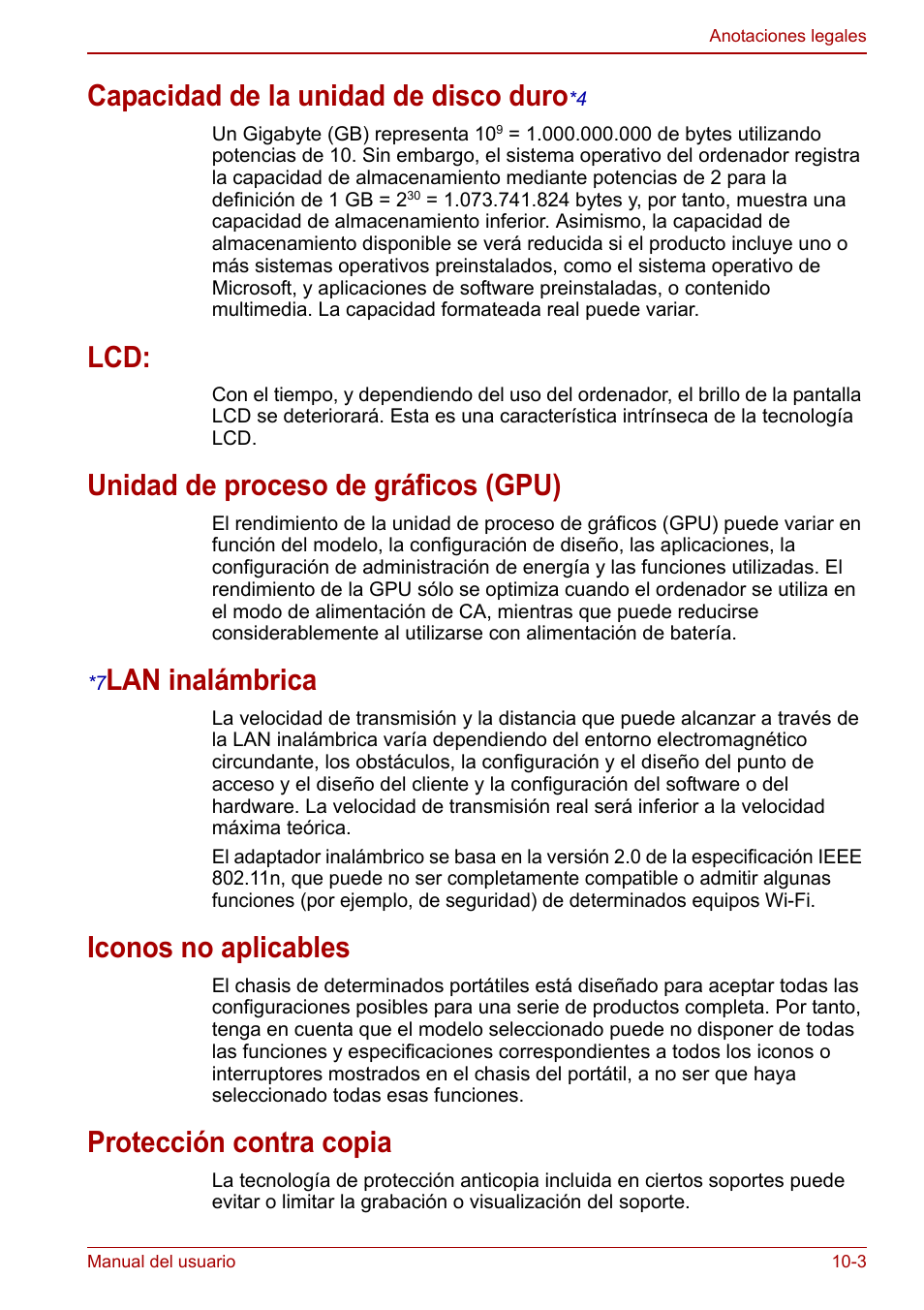 Capacidad de la unidad de disco duro*4, Unidad de proceso de gráficos (gpu), 7lan inalámbrica | Iconos no aplicables, Protección contra copia, Capacidad de la unidad de disco duro, Lcd: -3 unidad de proceso de gráficos (gpu) -3, Lan inalámbrica -3, Iconos no aplicables -3 protección contra copia -3, Duro) | Toshiba NB250 User Manual | Page 110 / 138