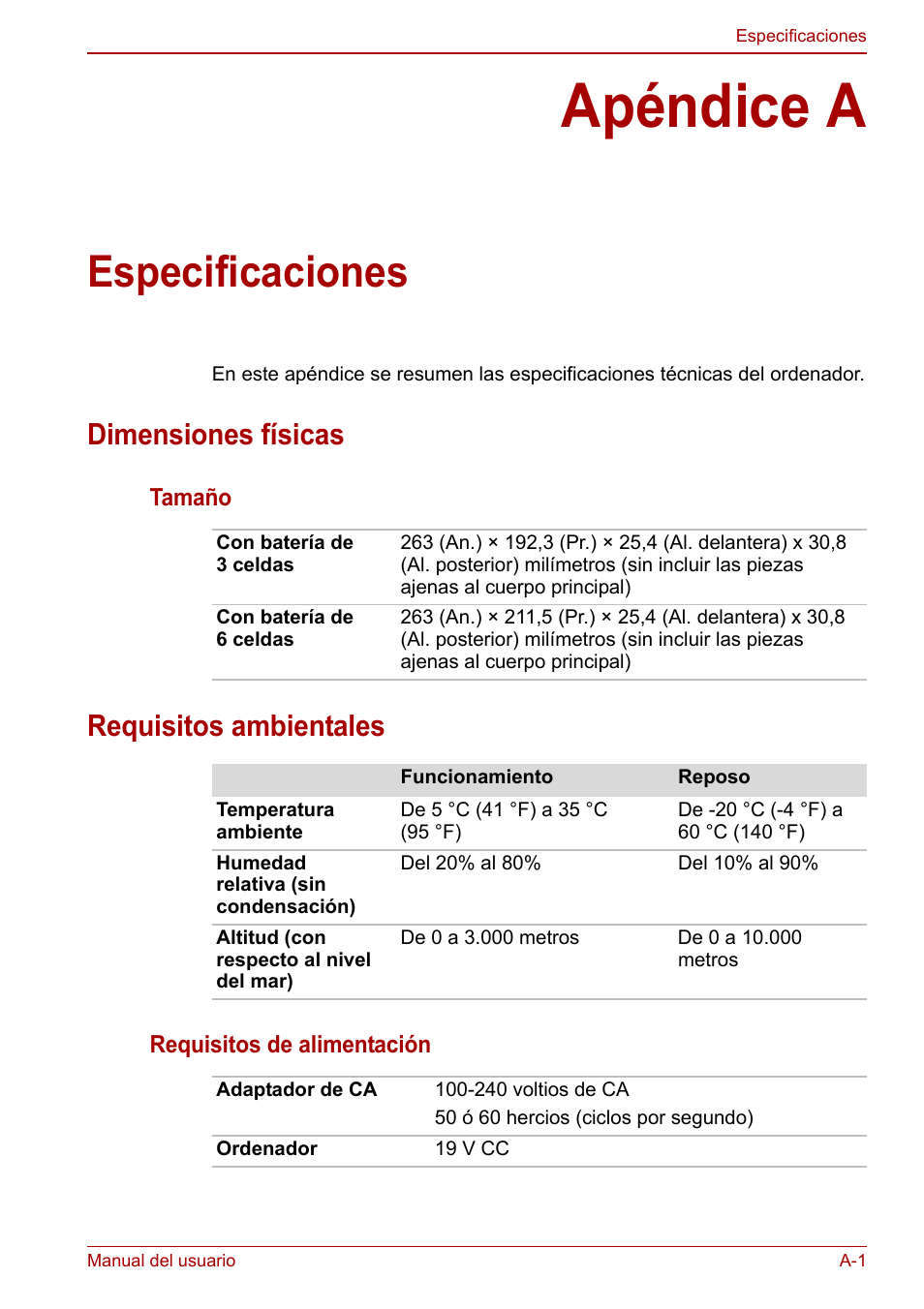 Apéndice a: especificaciones, Apéndice a, Especificaciones | Dimensiones físicas, Requisitos ambientales | Toshiba NB250 User Manual | Page 111 / 138