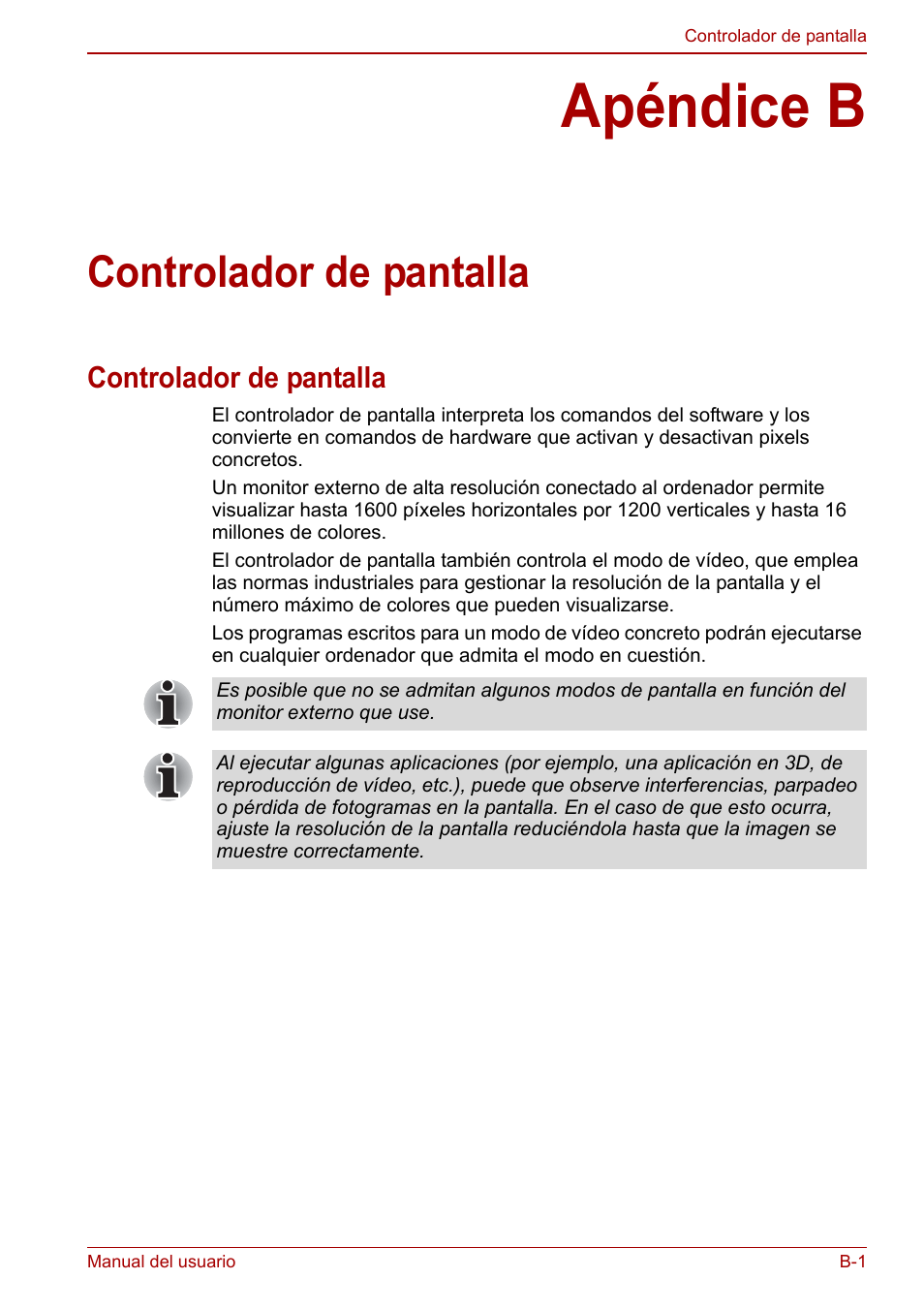 Apéndice b: controlador de pantalla, Apéndice b, Controlador de pantalla | Toshiba NB250 User Manual | Page 112 / 138