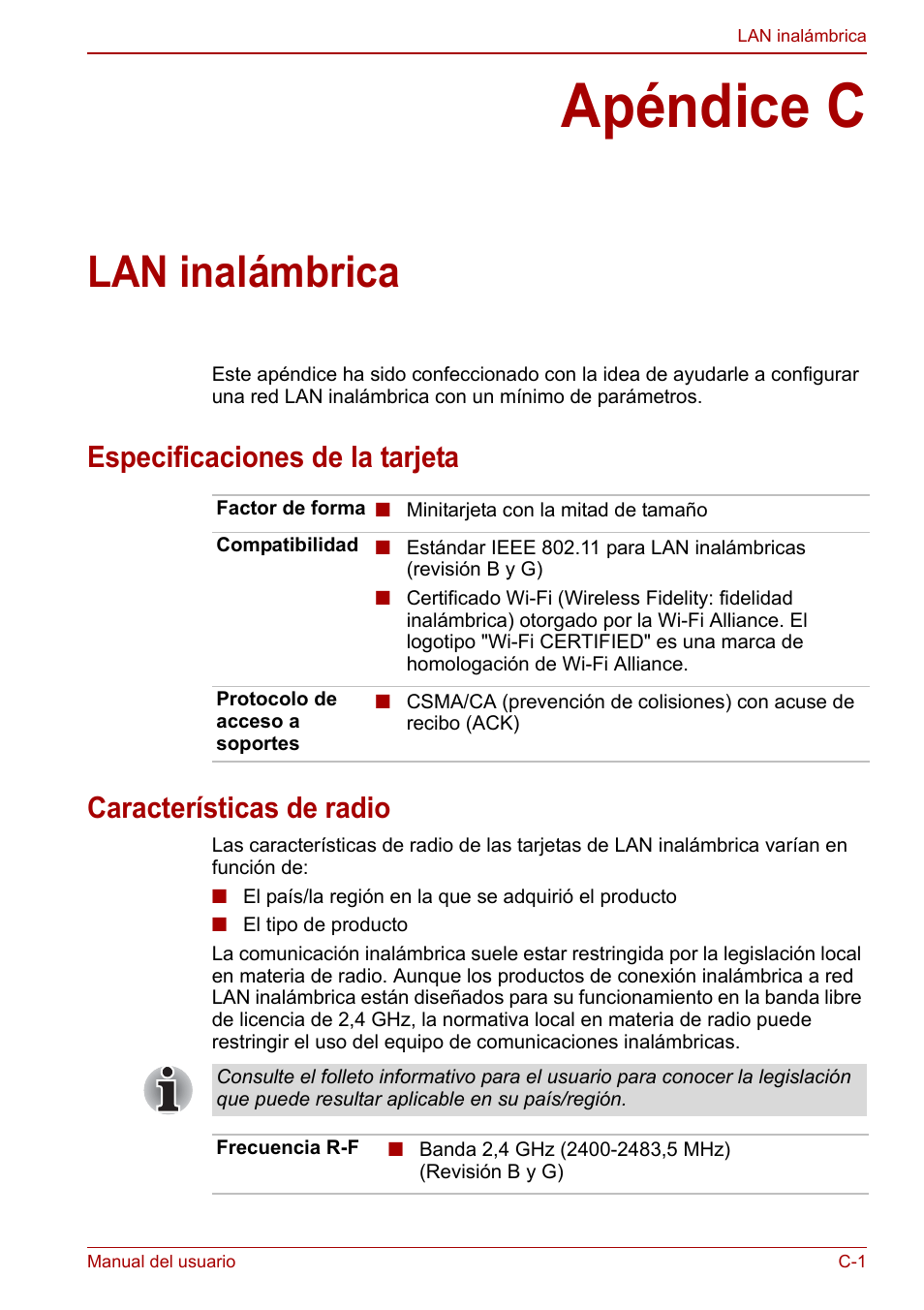 Apéndice c: lan inalámbrica, Apéndice c, Lan inalámbrica | Toshiba NB250 User Manual | Page 113 / 138