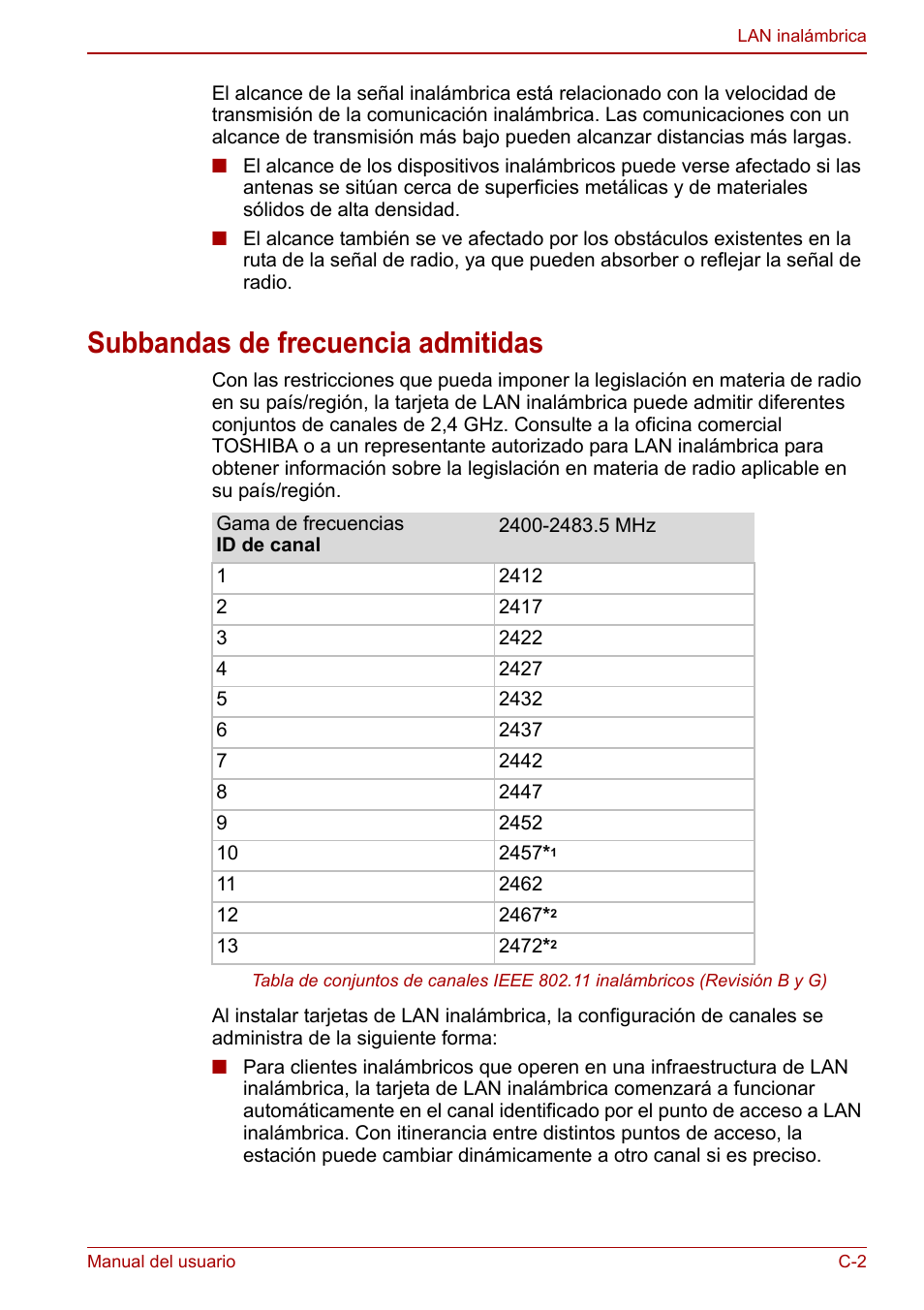 Subbandas de frecuencia admitidas | Toshiba NB250 User Manual | Page 114 / 138