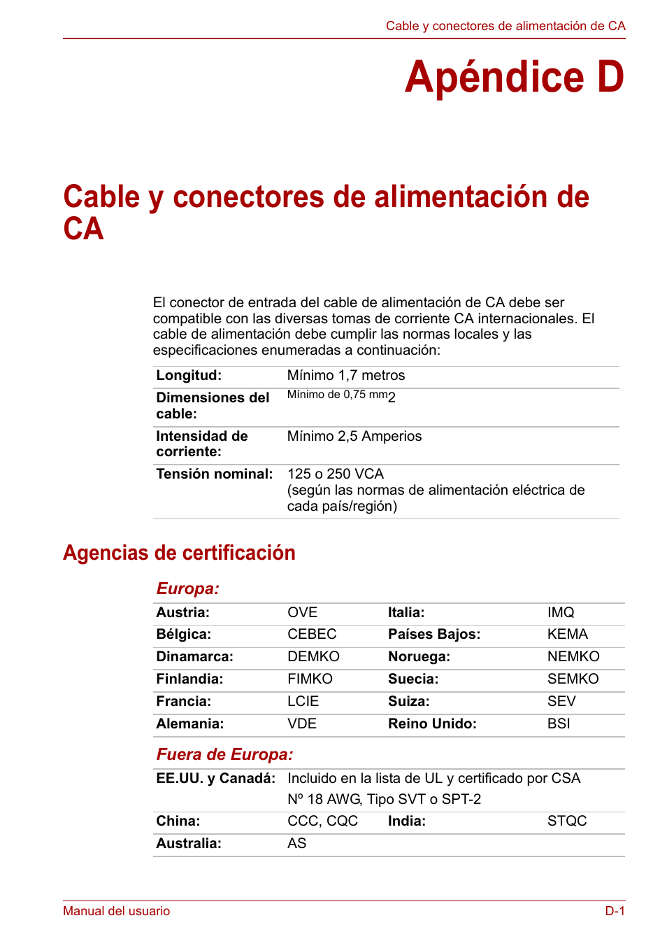 Apéndice d, Cable y conectores de alimentación de ca, Agencias de certificación | Toshiba NB250 User Manual | Page 116 / 138