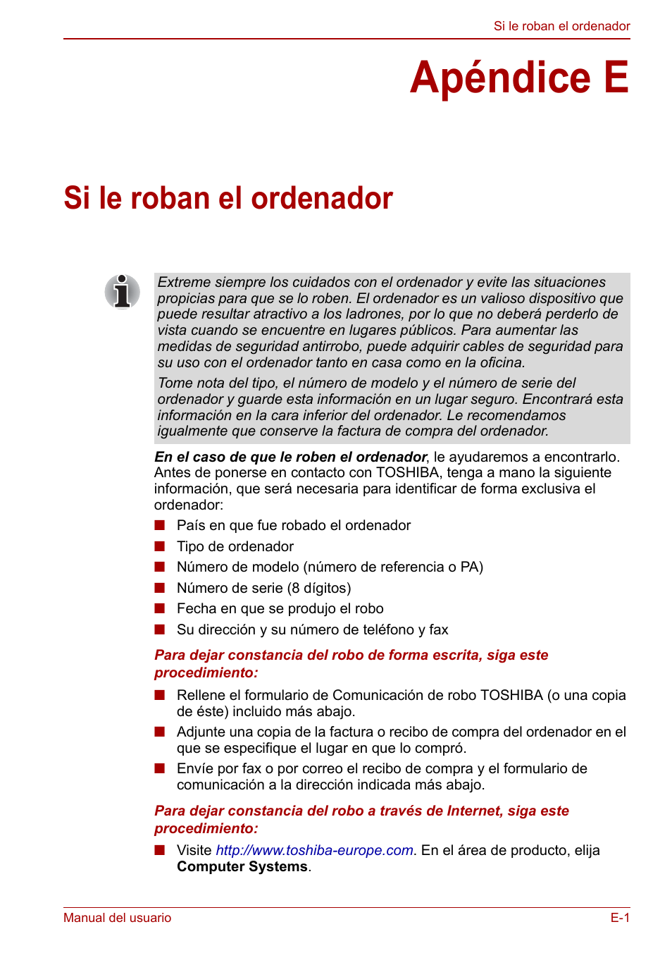 Apéndice e: si le roban el ordenador, Apéndice e, Si le roban el ordenador | Toshiba NB250 User Manual | Page 118 / 138