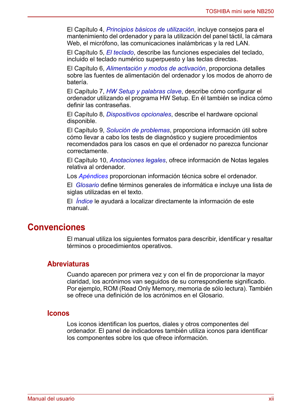 Convenciones, Abreviaturas, Iconos | Toshiba NB250 User Manual | Page 12 / 138