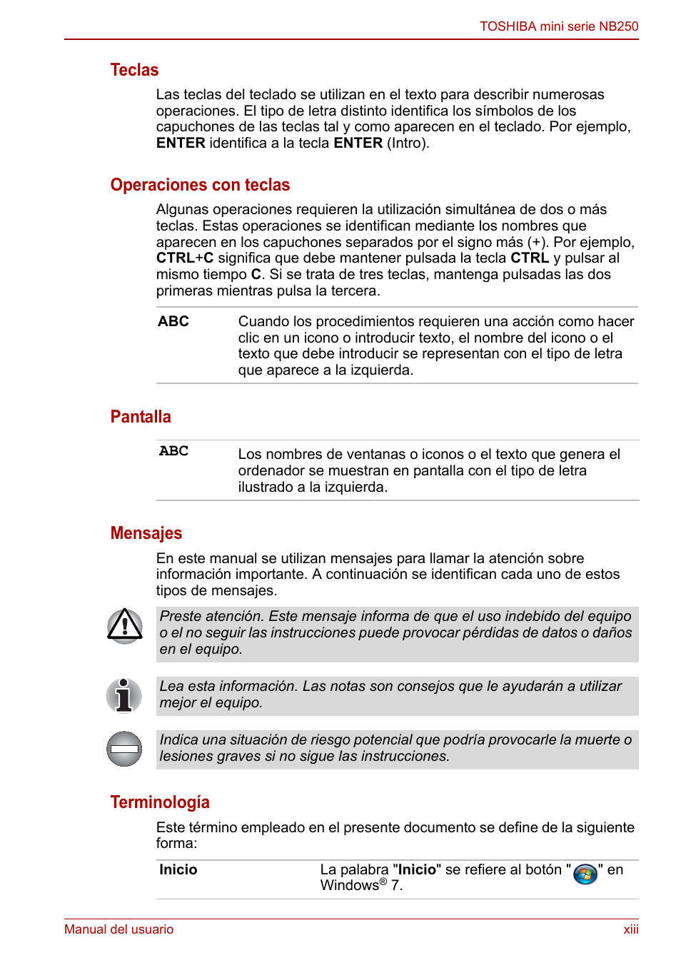 Teclas, Operaciones con teclas, Pantalla mensajes | Terminología | Toshiba NB250 User Manual | Page 13 / 138