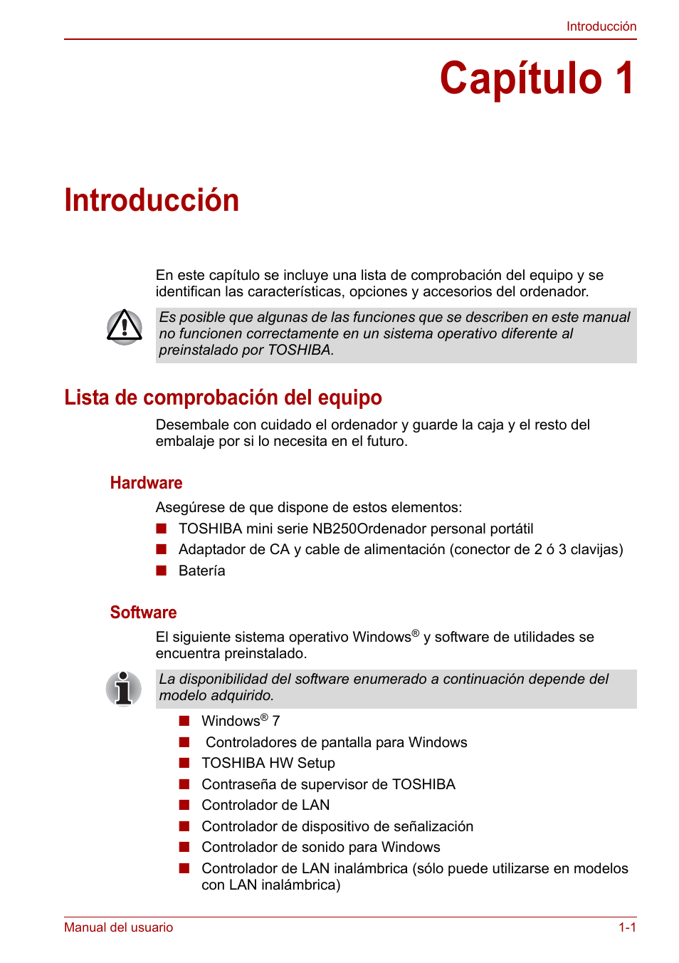 Capítulo 1: introducción, Lista de comprobación del equipo, Capítulo 1 | Introducción, Lista de comprobación del equipo -1, R la | Toshiba NB250 User Manual | Page 17 / 138