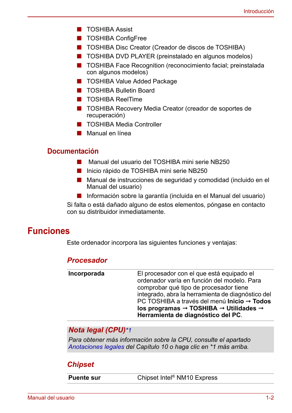 Funciones, Funciones -2, Documentación | Toshiba NB250 User Manual | Page 18 / 138