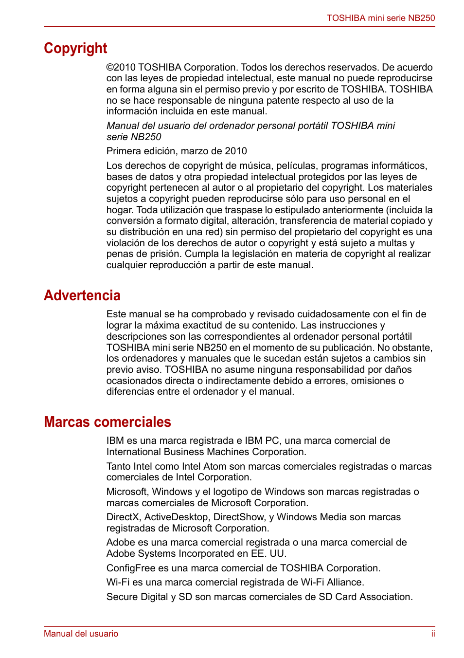 Copyright, Advertencia, Marcas comerciales | Toshiba NB250 User Manual | Page 2 / 138