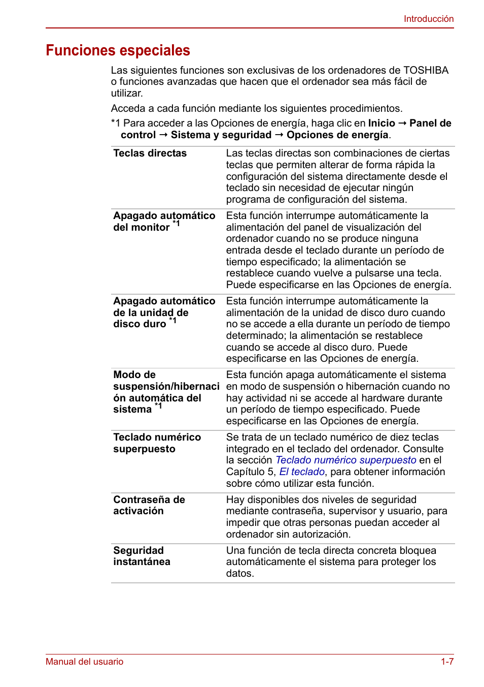 Funciones especiales, Funciones especiales -7 | Toshiba NB250 User Manual | Page 23 / 138