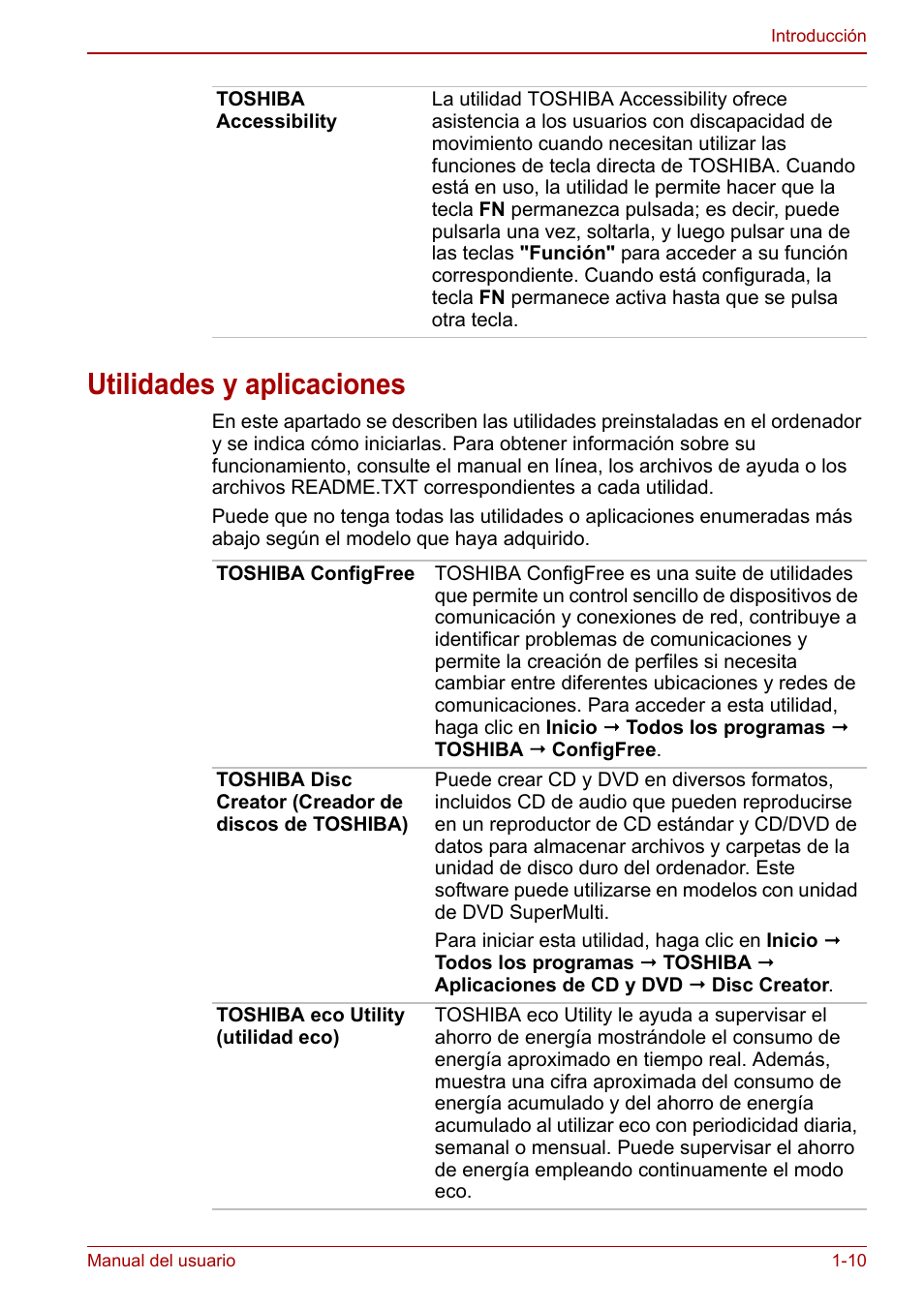 Utilidades y aplicaciones, Utilidades y aplicaciones -10 | Toshiba NB250 User Manual | Page 26 / 138