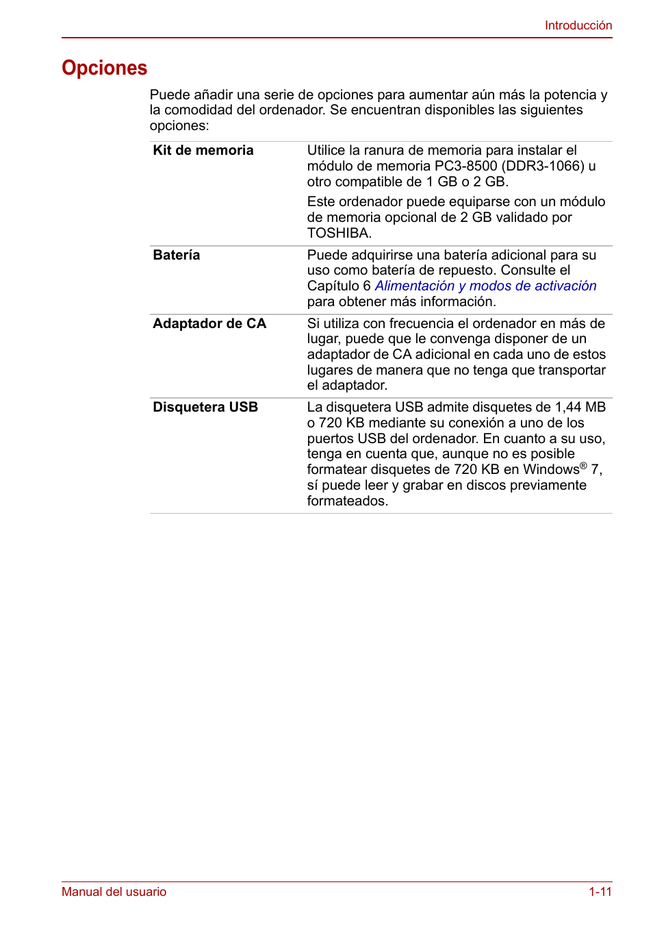 Opciones, Opciones -11 | Toshiba NB250 User Manual | Page 27 / 138
