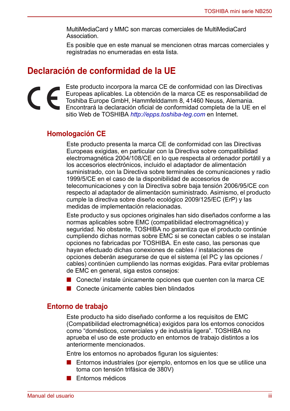 Declaración de conformidad de la ue, Homologación ce, Entorno de trabajo | Toshiba NB250 User Manual | Page 3 / 138