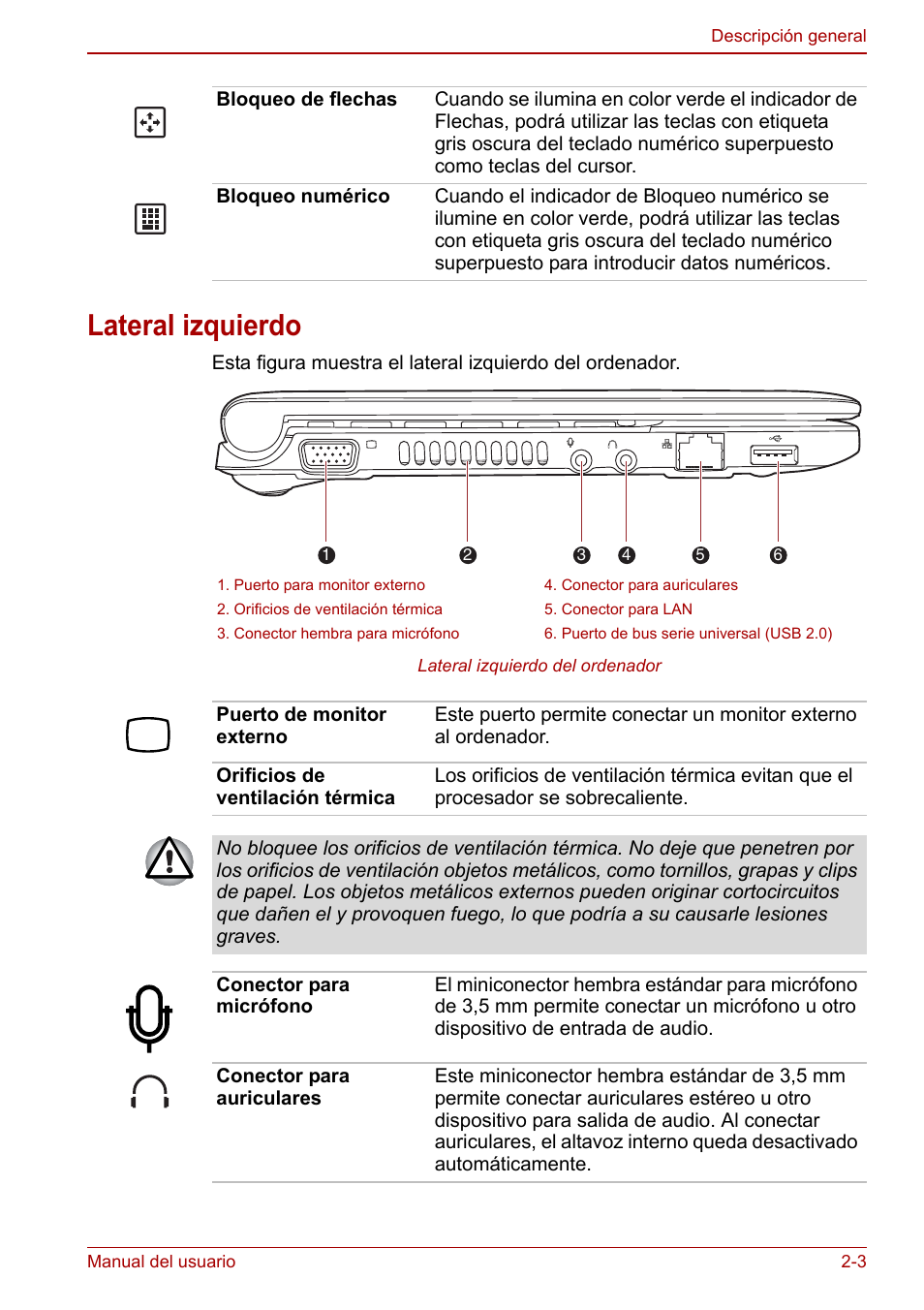 Lateral izquierdo, Lateral izquierdo -3 | Toshiba NB250 User Manual | Page 30 / 138