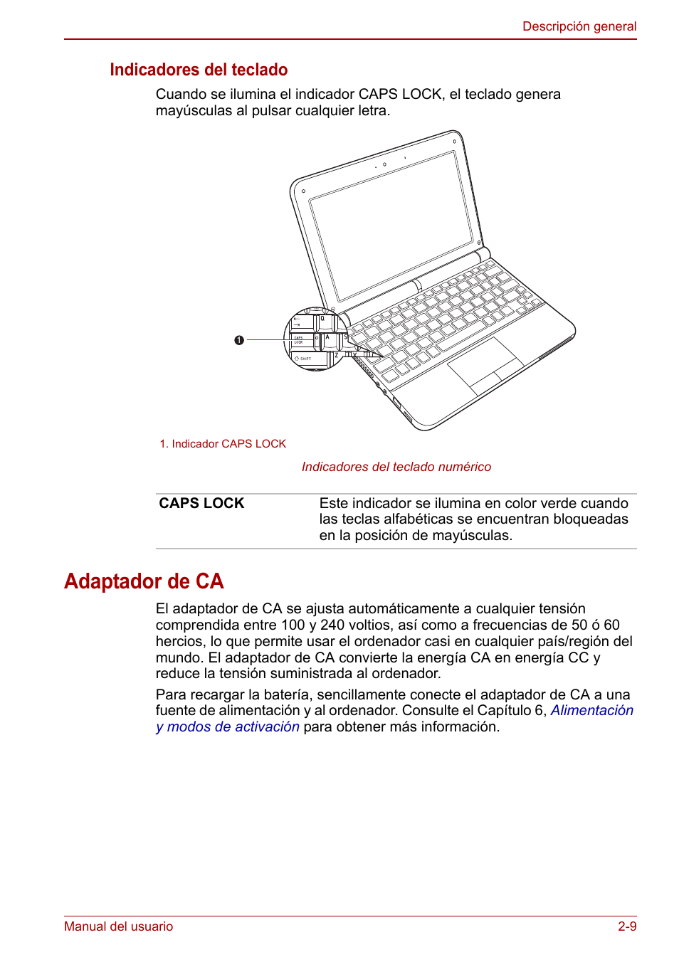 Adaptador de ca, Adaptador de ca -9, Adaptador de | Indicadores del teclado | Toshiba NB250 User Manual | Page 36 / 138