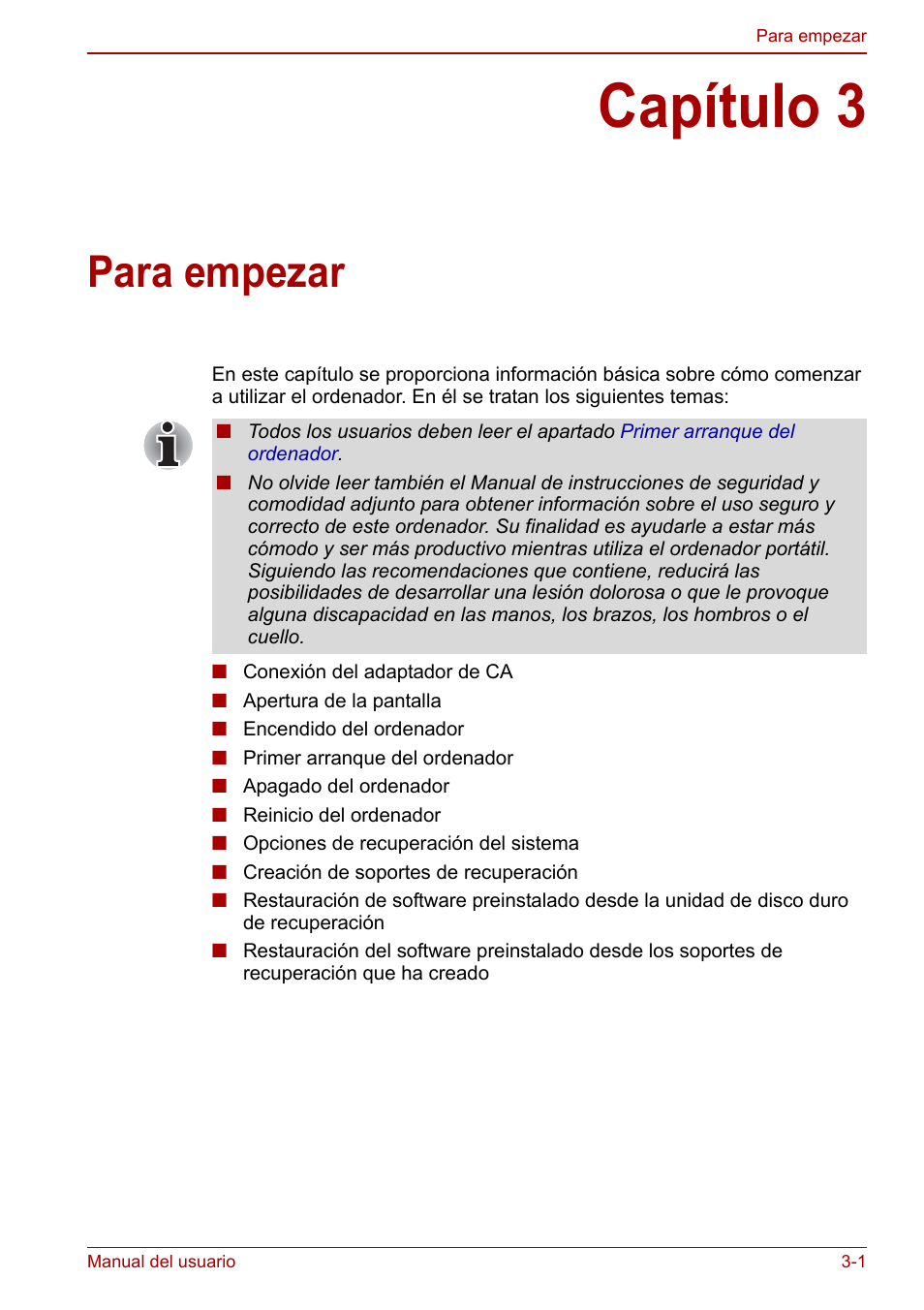 Capítulo 3: para empezar, Capítulo 3, Para empezar | Para, Empezar | Toshiba NB250 User Manual | Page 38 / 138