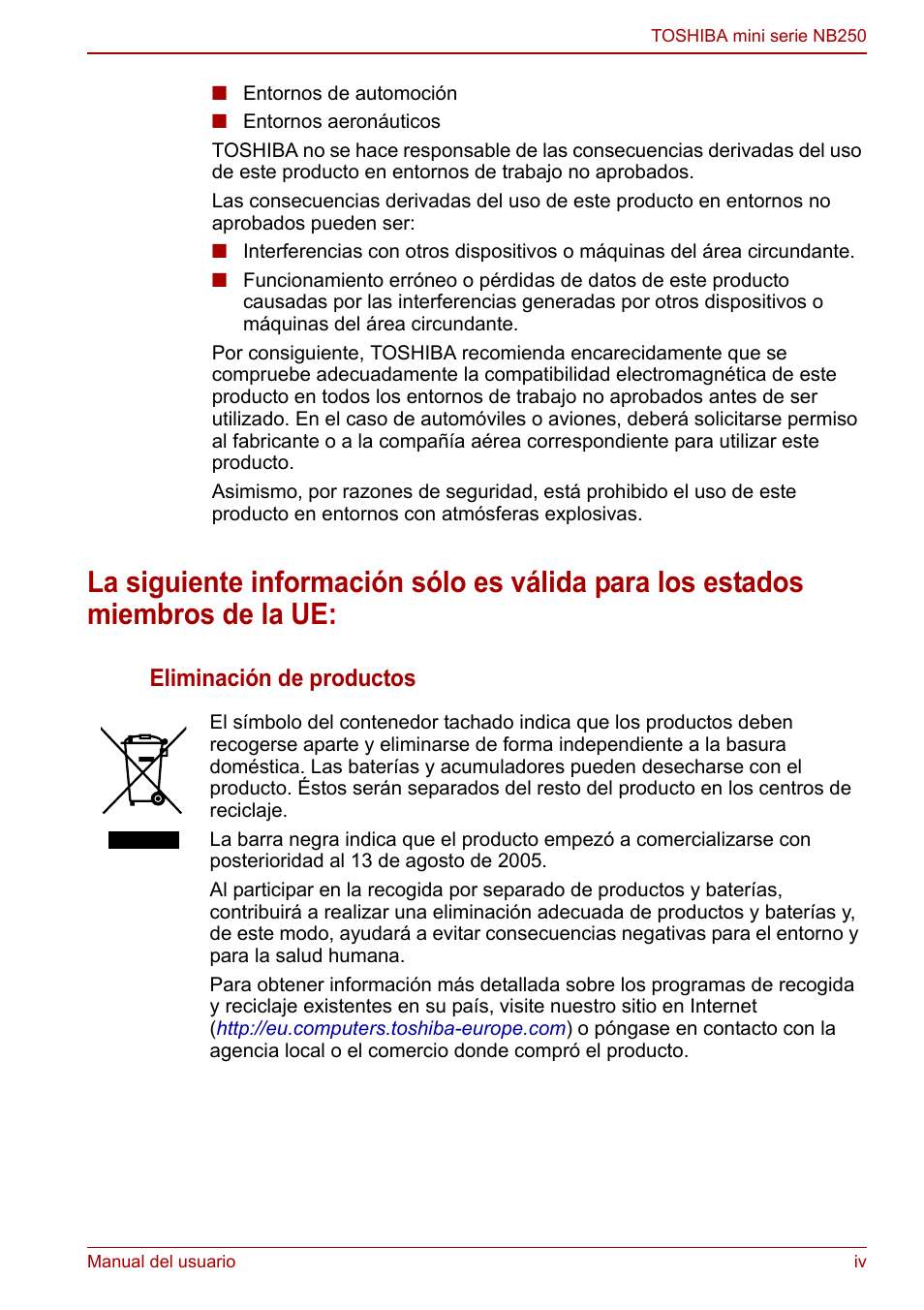 Eliminación de productos | Toshiba NB250 User Manual | Page 4 / 138
