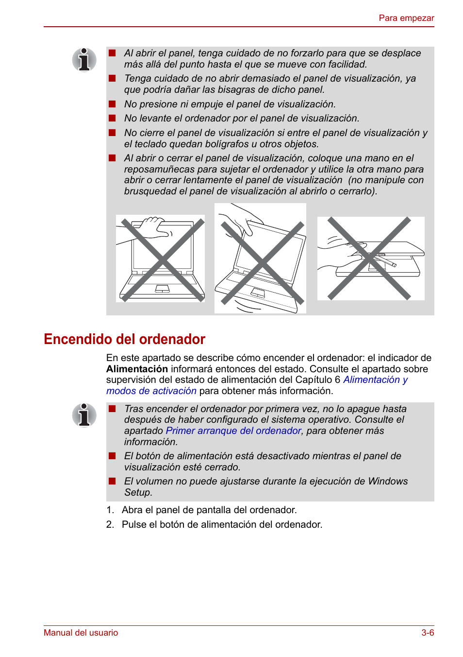 Encendido del ordenador, Encendido del ordenador -6 | Toshiba NB250 User Manual | Page 43 / 138