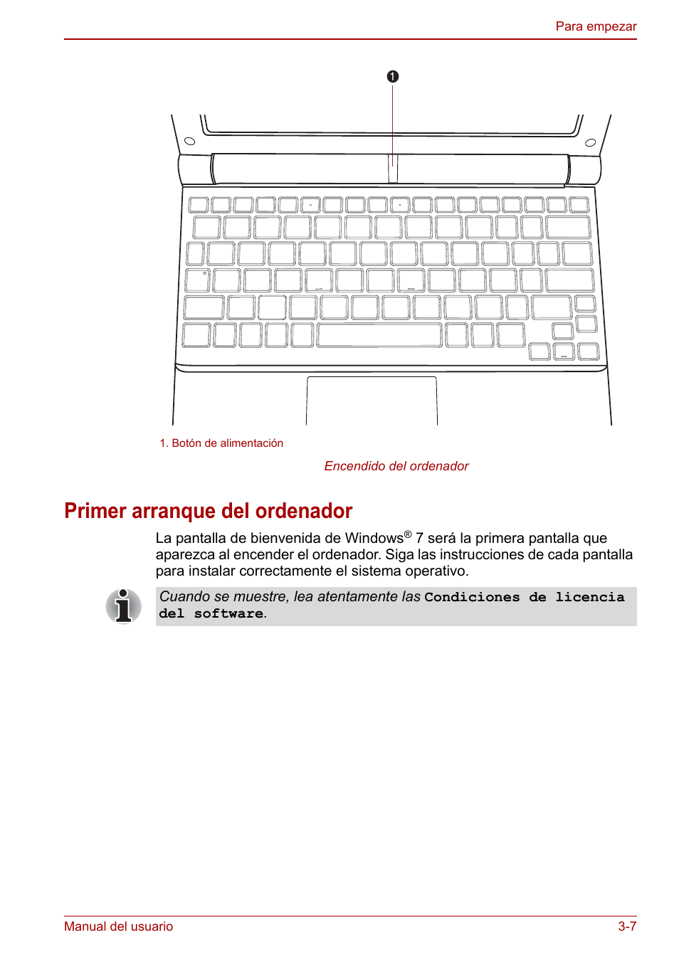 Primer arranque del ordenador, Primer arranque del ordenador -7, Primer arranque del | Ordenador | Toshiba NB250 User Manual | Page 44 / 138