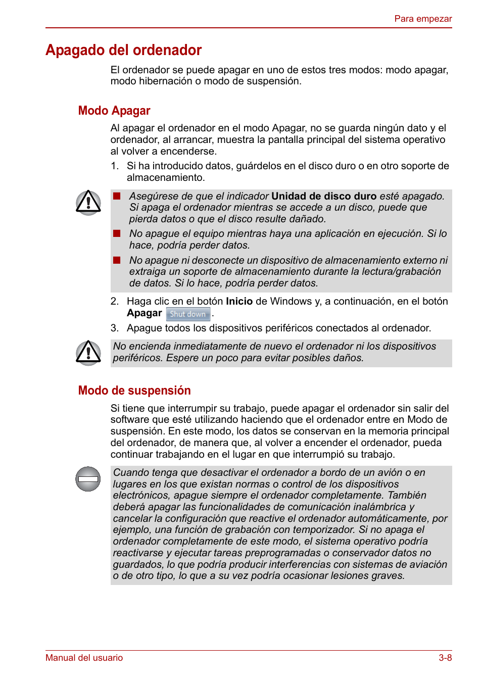 Apagado del ordenador, Apagado del ordenador -8, Modo apagar | Modo de suspensión | Toshiba NB250 User Manual | Page 45 / 138