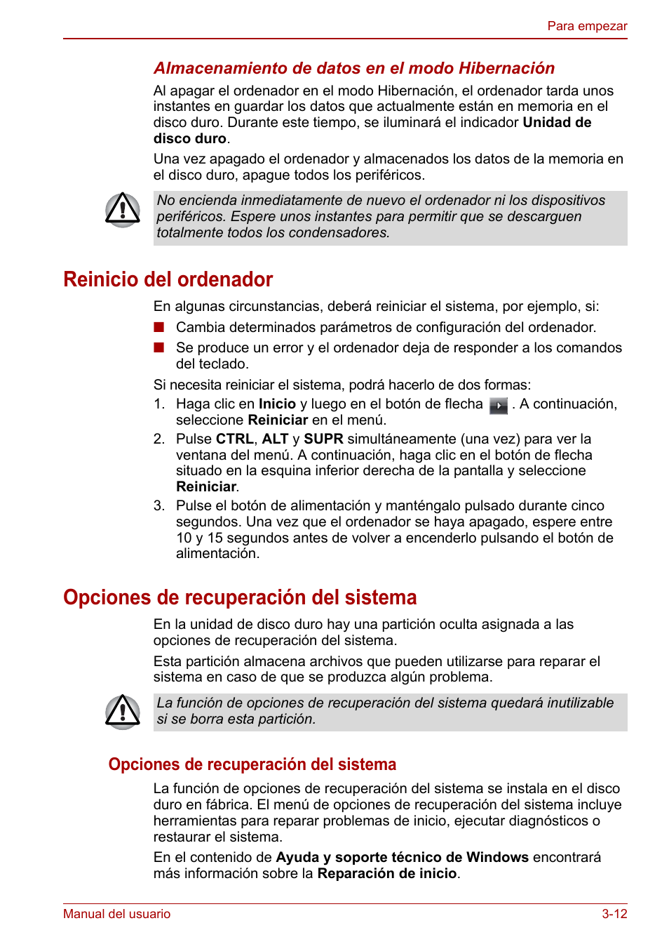 Reinicio del ordenador, Opciones de recuperación del sistema | Toshiba NB250 User Manual | Page 49 / 138