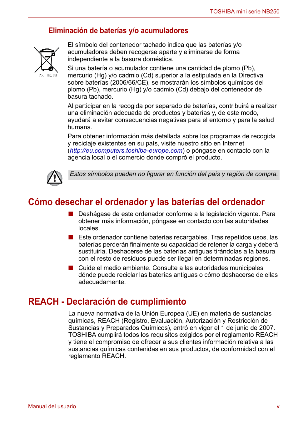 Reach - declaración de cumplimiento, Eliminación de baterías y/o acumuladores | Toshiba NB250 User Manual | Page 5 / 138