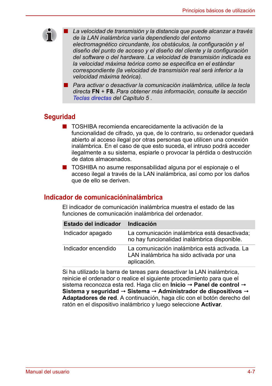 Seguridad, Indicador de comunicacióninalámbrica | Toshiba NB250 User Manual | Page 59 / 138