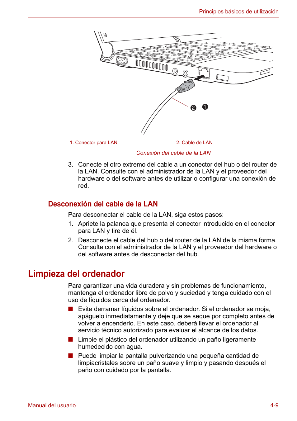 Limpieza del ordenador, Limpieza del ordenador -9, Desconexión del cable de la lan | Toshiba NB250 User Manual | Page 61 / 138
