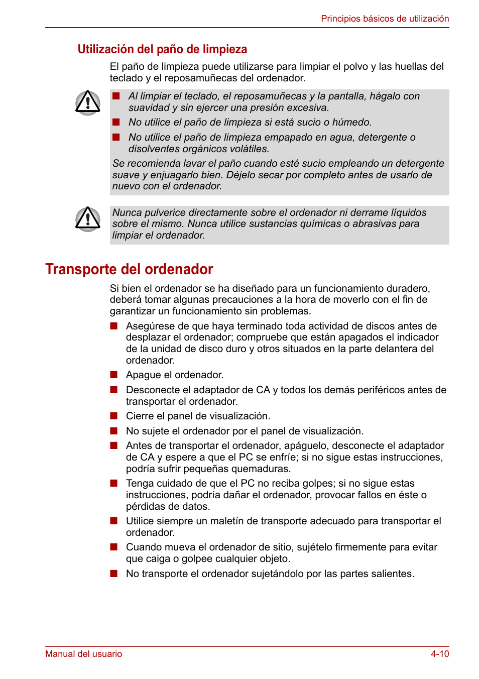 Transporte del ordenador, Transporte del ordenador -10, Utilización del paño de limpieza | Toshiba NB250 User Manual | Page 62 / 138