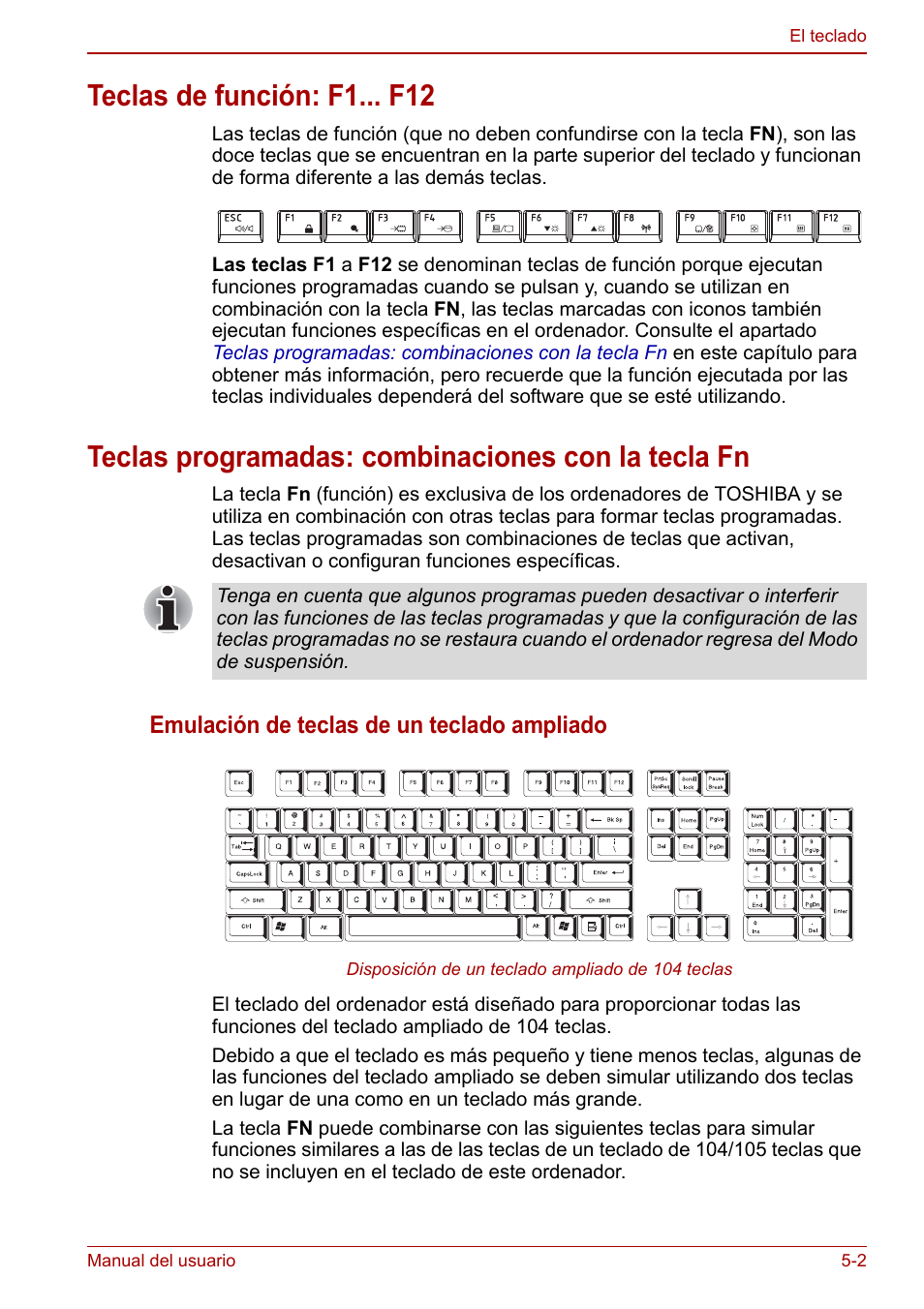 Teclas de función: f1... f12, Teclas programadas: combinaciones con la tecla fn, Emulación de teclas de un teclado ampliado | Toshiba NB250 User Manual | Page 65 / 138