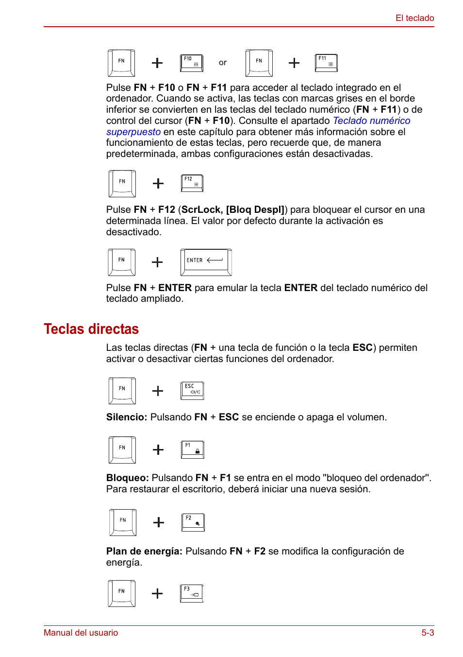 Teclas directas, Teclas directas -3 | Toshiba NB250 User Manual | Page 66 / 138