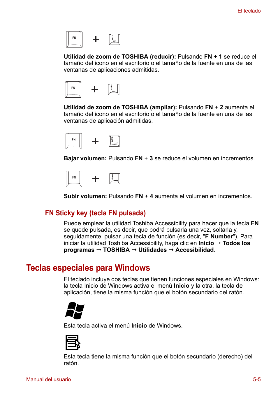 Teclas especiales para windows, Teclas especiales para windows -5, Fn sticky key (tecla fn pulsada) | Toshiba NB250 User Manual | Page 68 / 138