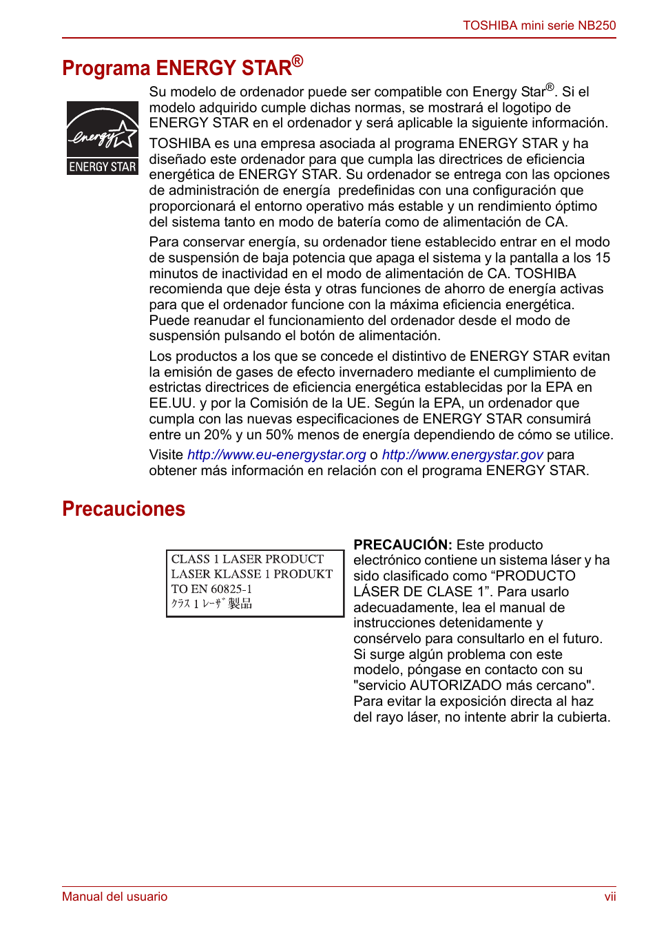 Programa energy star, Precauciones | Toshiba NB250 User Manual | Page 7 / 138