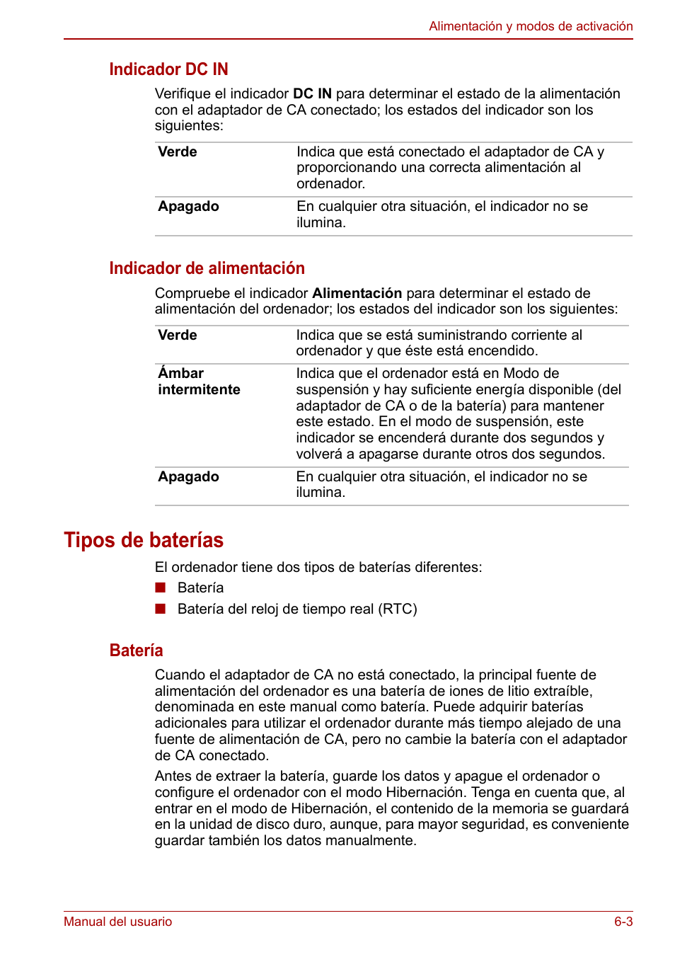 Tipos de baterías, Tipos de baterías -3, Indicador dc in | Indicador de alimentación, Batería | Toshiba NB250 User Manual | Page 73 / 138