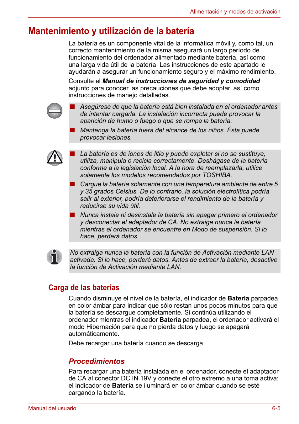 Mantenimiento y utilización de la batería, Mantenimiento y utilización de la batería -5, Carga de las baterías | Toshiba NB250 User Manual | Page 75 / 138