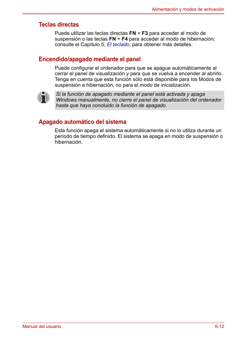 Teclas directas, Encendido/apagado mediante el panel, Apagado automático del sistema | Toshiba NB250 User Manual | Page 82 / 138