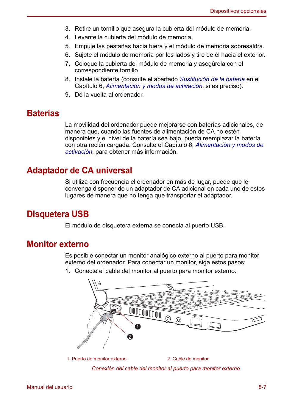 Baterías, Adaptador de ca universal, Disquetera usb | Monitor externo | Toshiba NB250 User Manual | Page 94 / 138