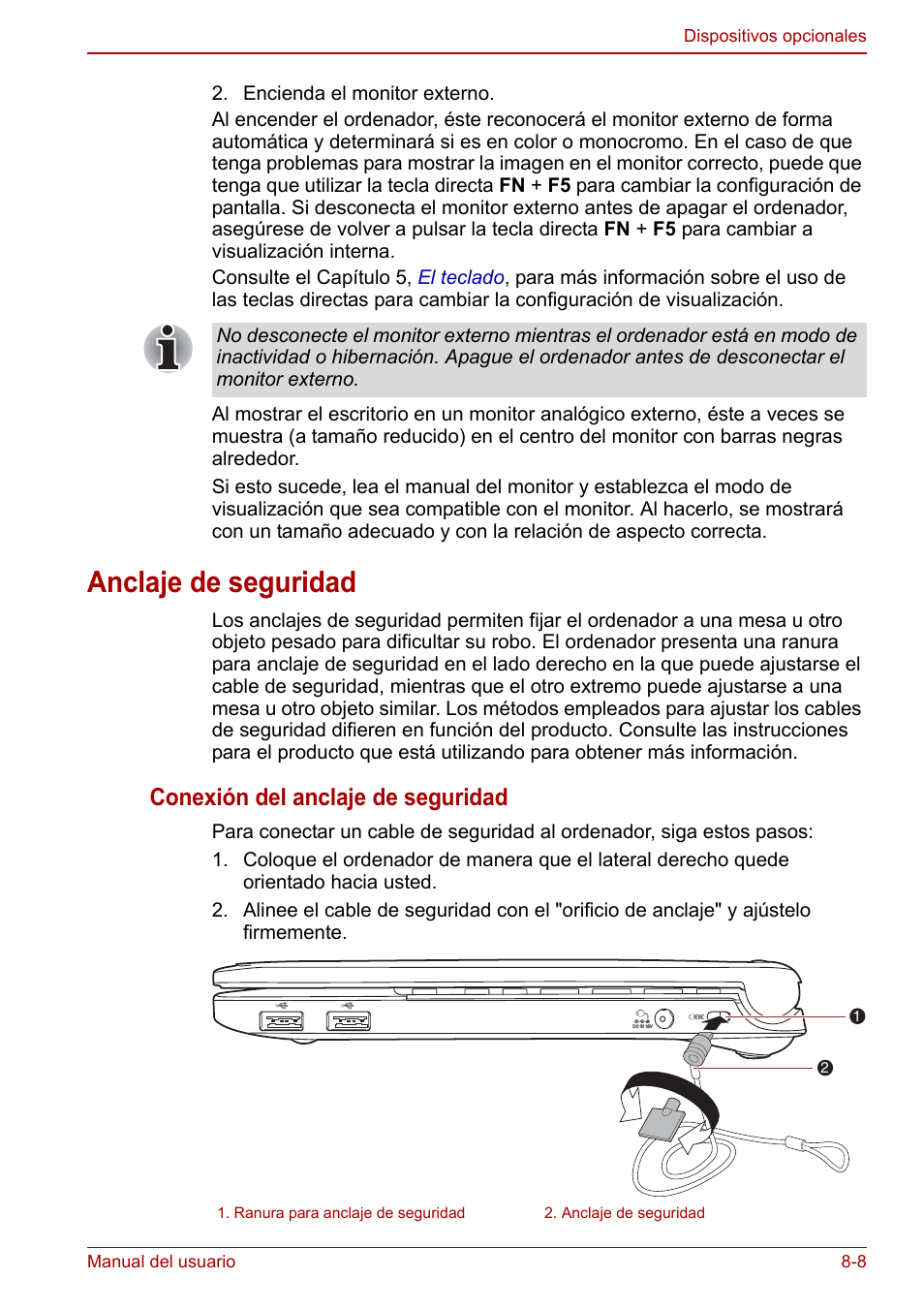 Anclaje de seguridad, Anclaje de seguridad -8, Conexión del anclaje de seguridad | Toshiba NB250 User Manual | Page 95 / 138