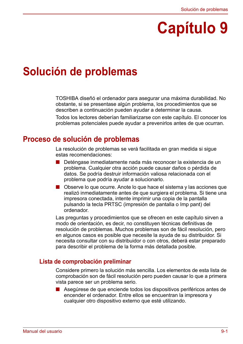 Capítulo 9: solución de problemas, Proceso de solución de problemas, Capítulo 9 | Solución de problemas, Proceso de solución de problemas -1, Propo | Toshiba NB250 User Manual | Page 96 / 138