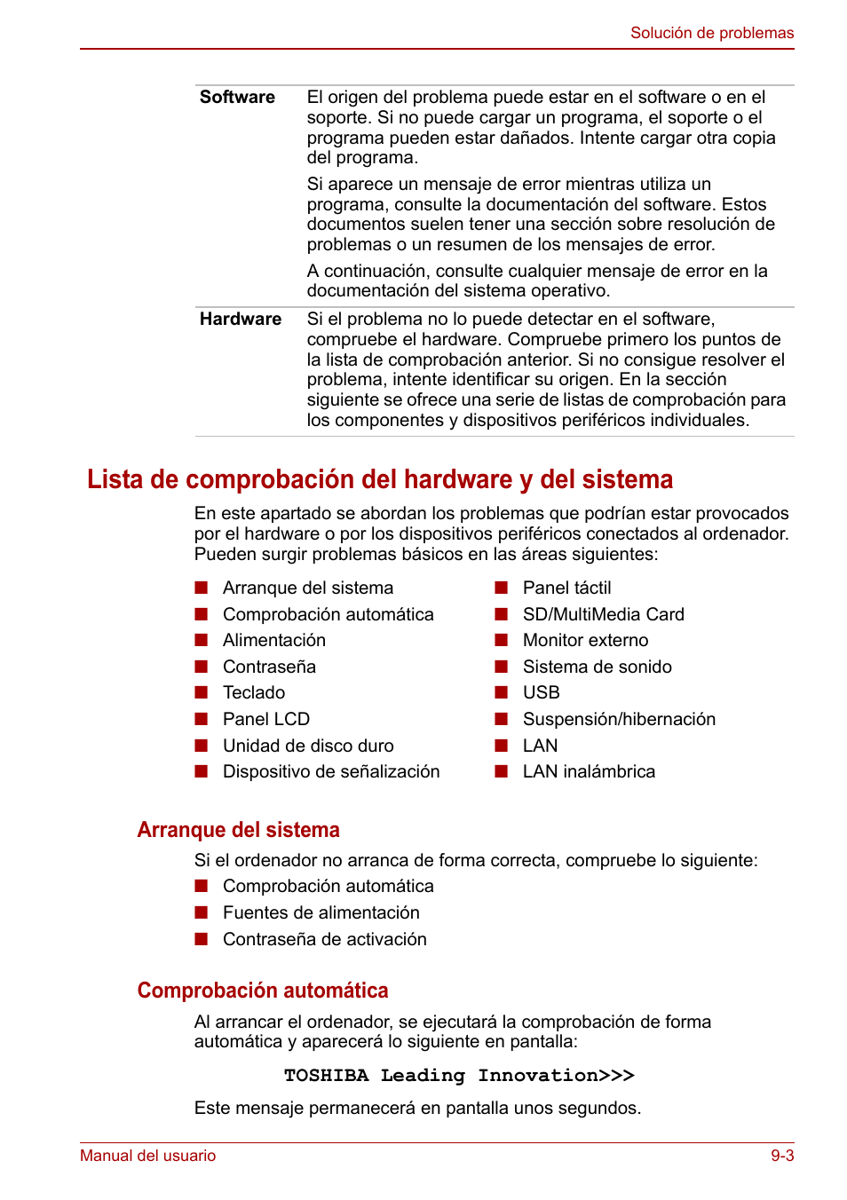 Lista de comprobación del hardware y del sistema, Arranque del sistema, Comprobación automática | Toshiba NB250 User Manual | Page 98 / 138