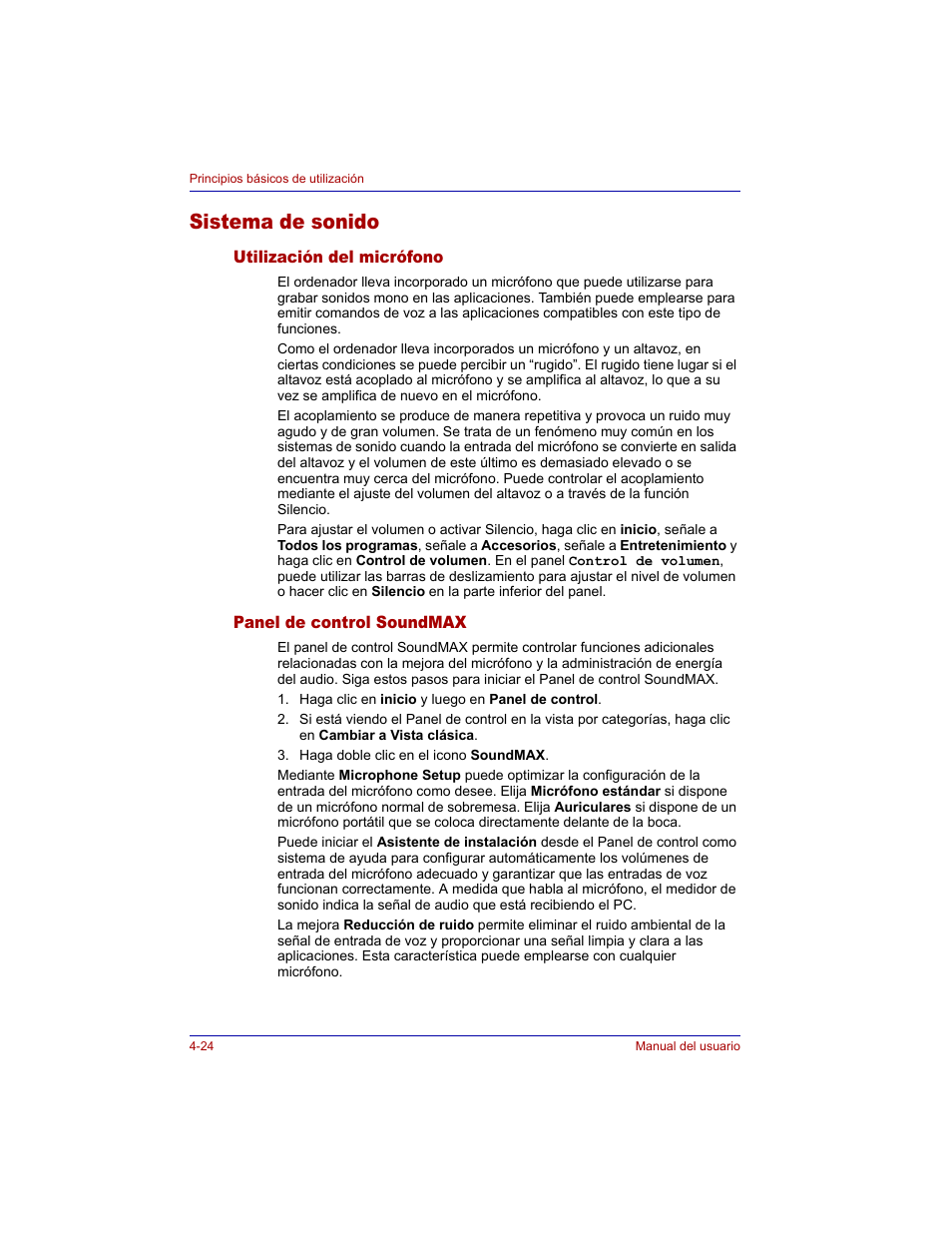 Sistema de sonido, Utilización del micrófono, Panel de control soundmax | Sistema de sonido -24 | Toshiba Tecra M3 with VACF User Manual | Page 100 / 256