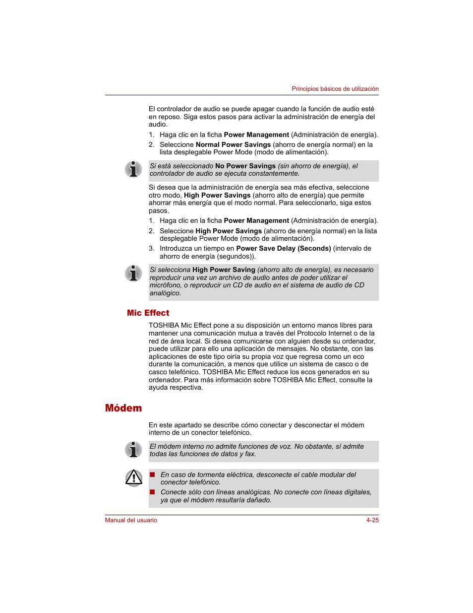 Mic effect, Módem, Mic effect -25 | Módem -25 | Toshiba Tecra M3 with VACF User Manual | Page 101 / 256
