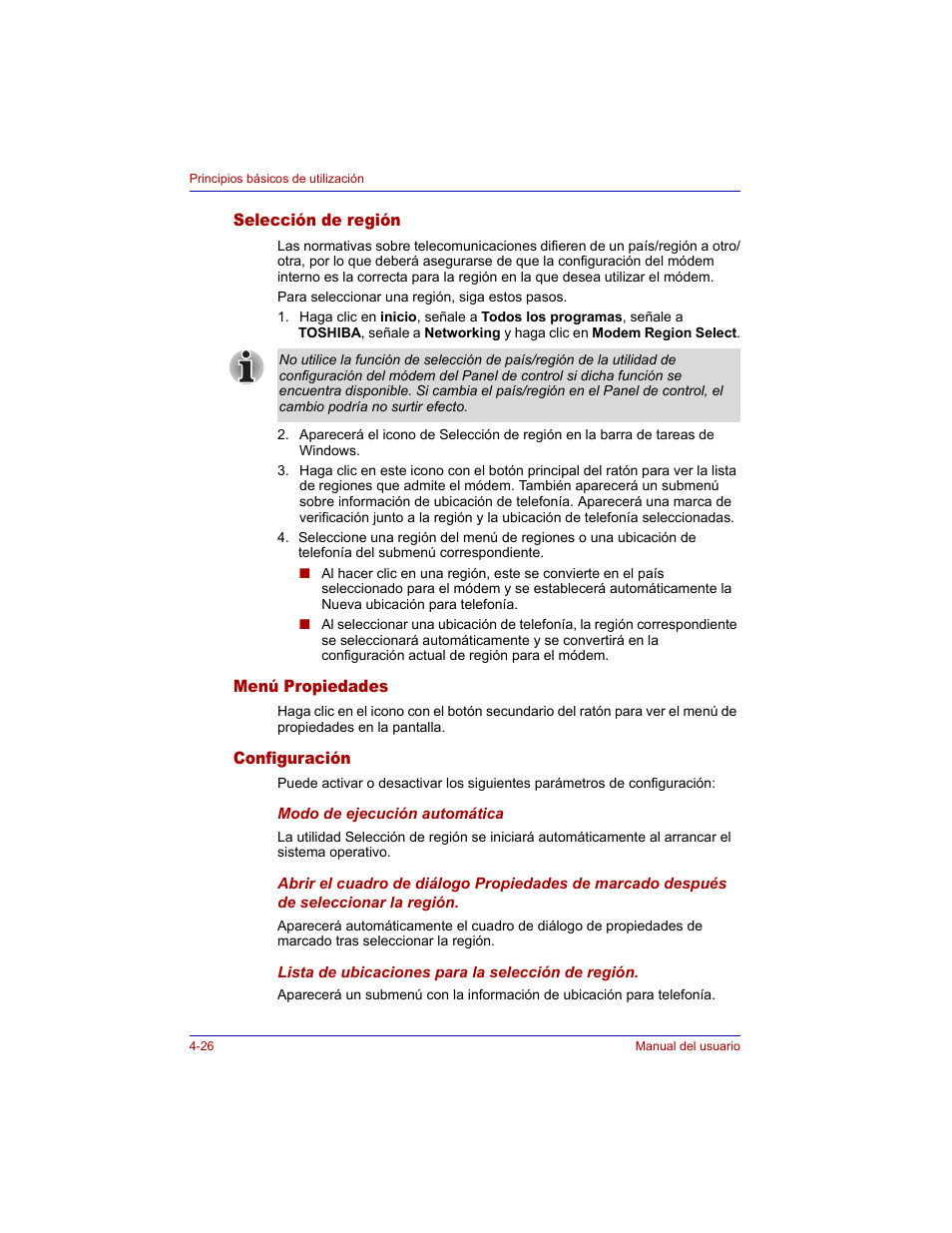 Selección de región, Menú propiedades, Configuración | Toshiba Tecra M3 with VACF User Manual | Page 102 / 256