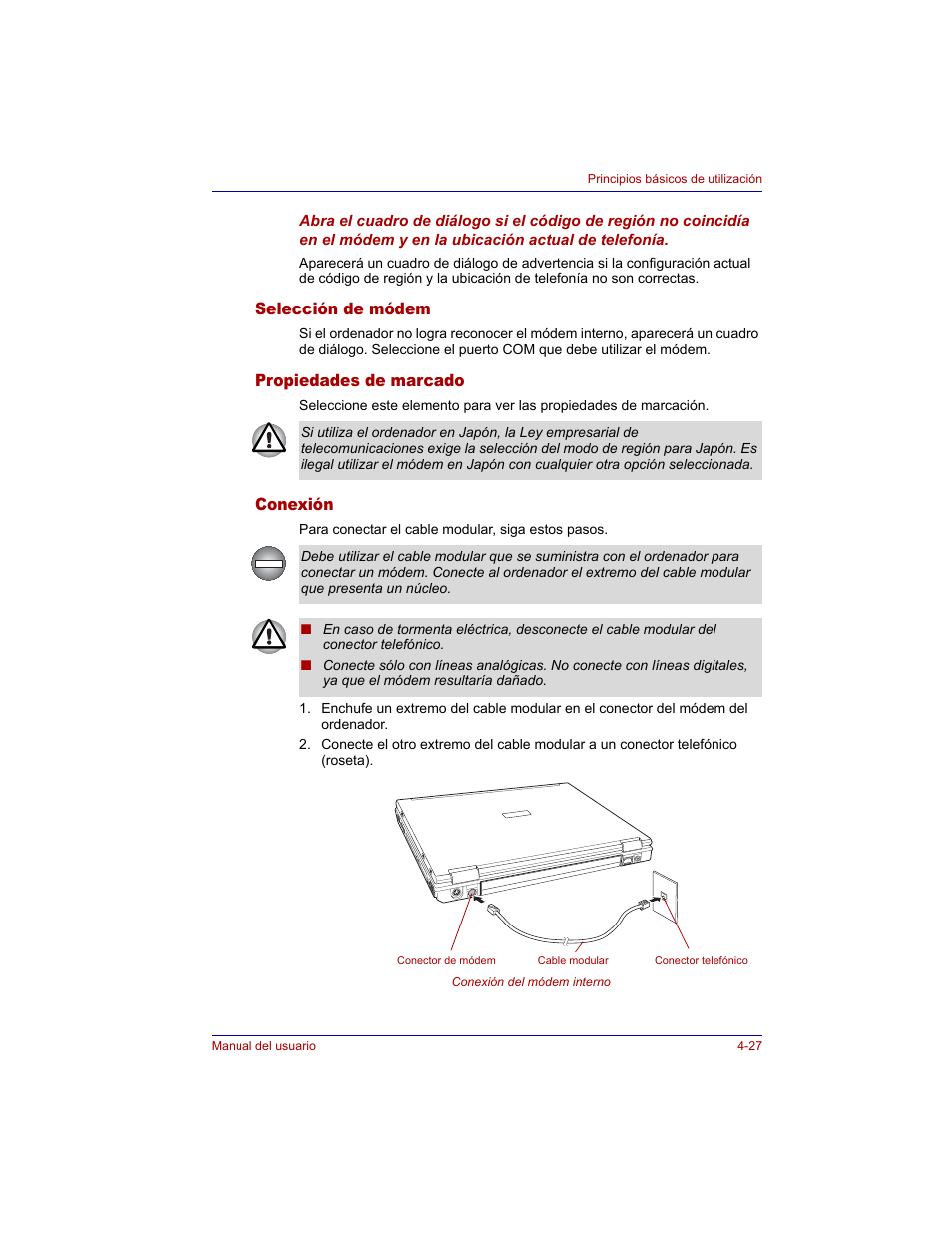 Selección de módem, Propiedades de marcado, Conexión | Toshiba Tecra M3 with VACF User Manual | Page 103 / 256