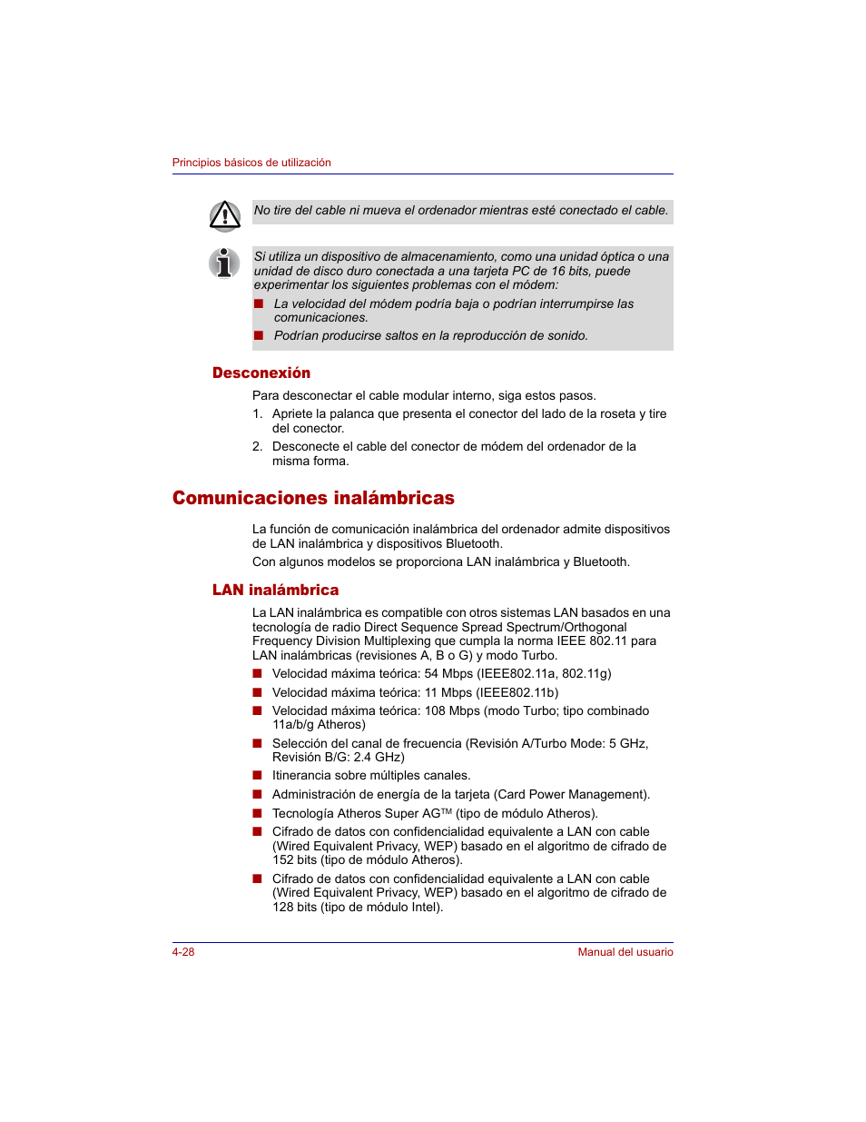 Desconexión, Comunicaciones inalámbricas, Lan inalámbrica | Desconexión -28, Comunicaciones inalámbricas -28, Lan inalámbrica -28 | Toshiba Tecra M3 with VACF User Manual | Page 104 / 256