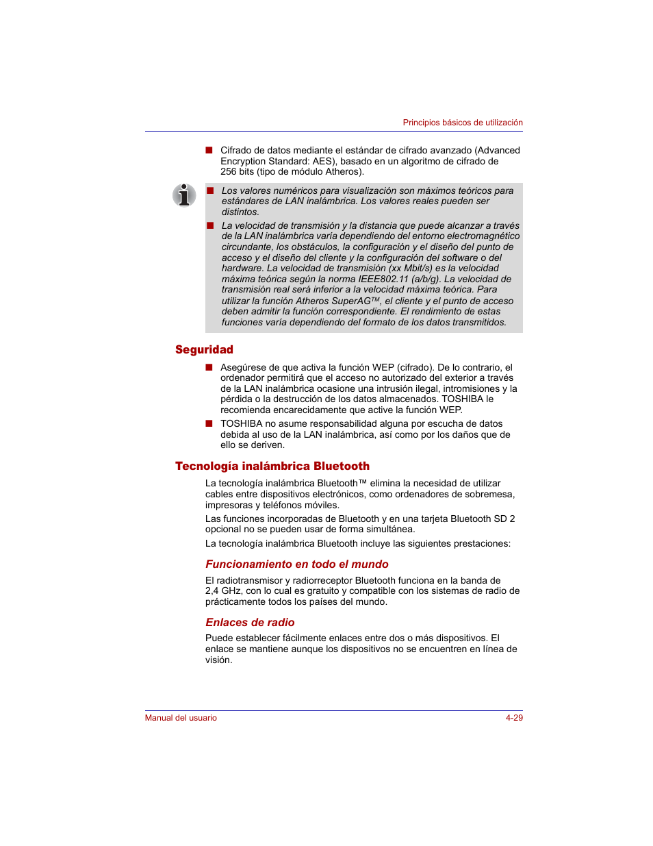 Seguridad, Tecnología inalámbrica bluetooth, Tecnología inalámbrica bluetooth -29 | Toshiba Tecra M3 with VACF User Manual | Page 105 / 256