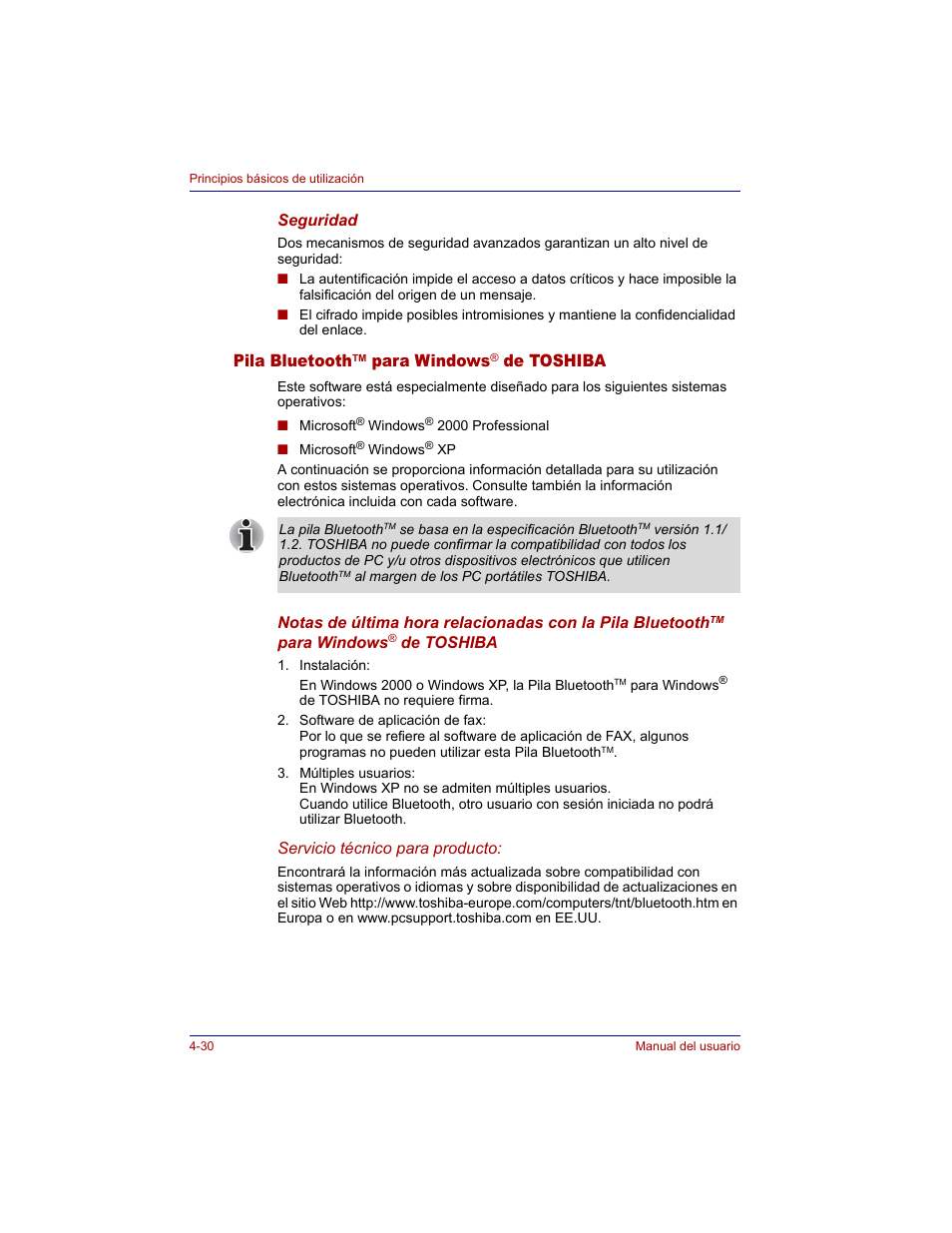 Pila bluetoothtm para windows® de toshiba, Pila bluetooth, Para windows | De toshiba | Toshiba Tecra M3 with VACF User Manual | Page 106 / 256