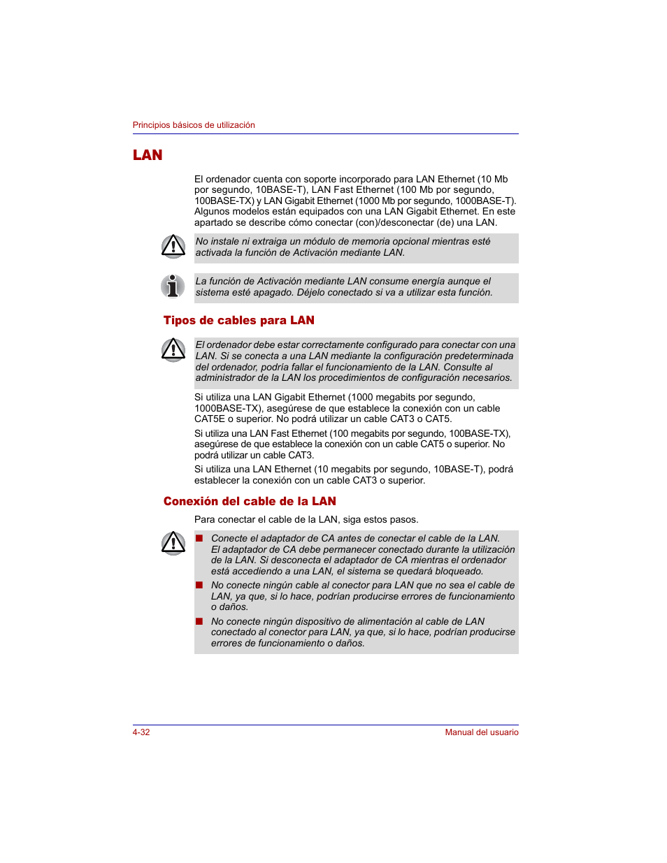 Tipos de cables para lan, Conexión del cable de la lan, Lan -32 | Toshiba Tecra M3 with VACF User Manual | Page 108 / 256