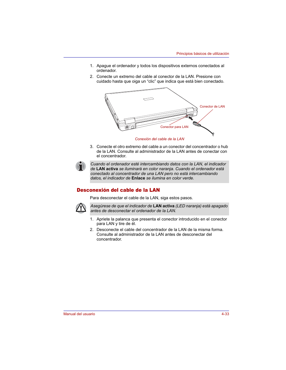 Desconexión del cable de la lan, Desconexión del cable de la lan -33 | Toshiba Tecra M3 with VACF User Manual | Page 109 / 256