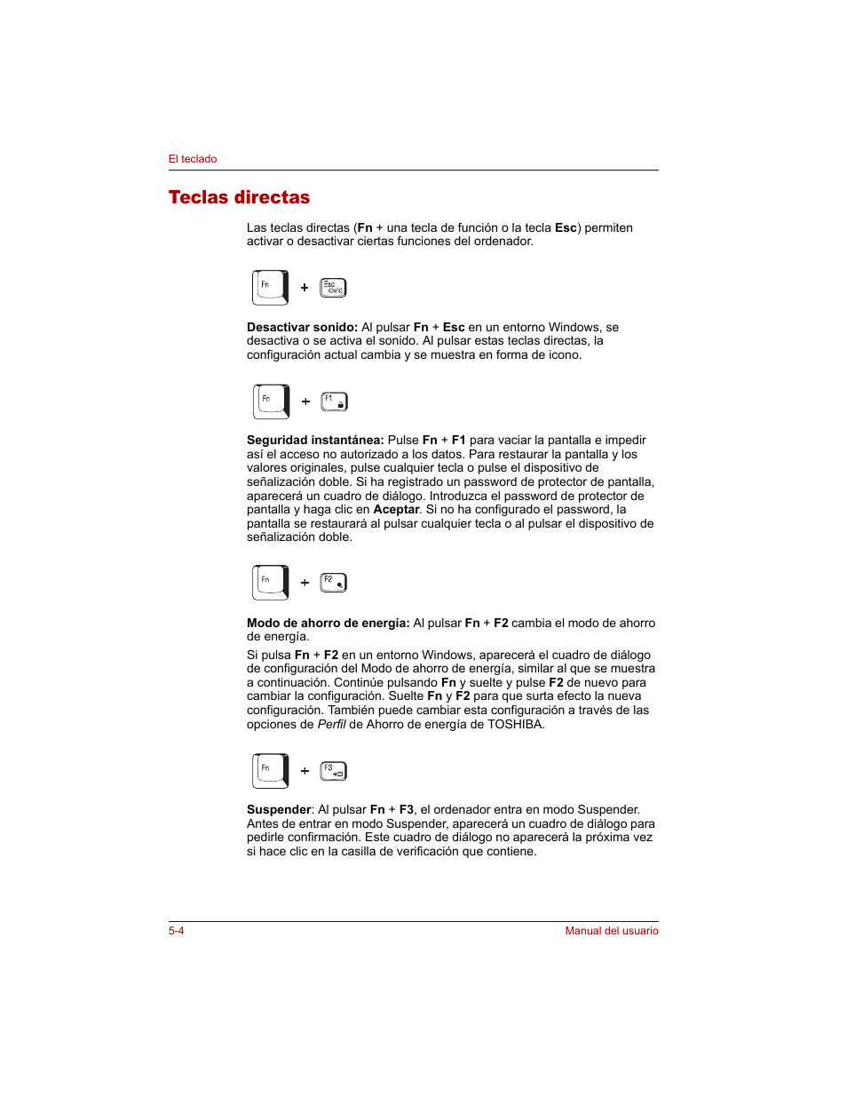 Teclas directas, Teclas directas -4 | Toshiba Tecra M3 with VACF User Manual | Page 116 / 256