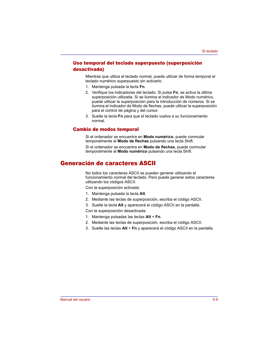 Cambio de modos temporal, Generación de caracteres ascii, Generación de caracteres ascii -9 | Toshiba Tecra M3 with VACF User Manual | Page 121 / 256